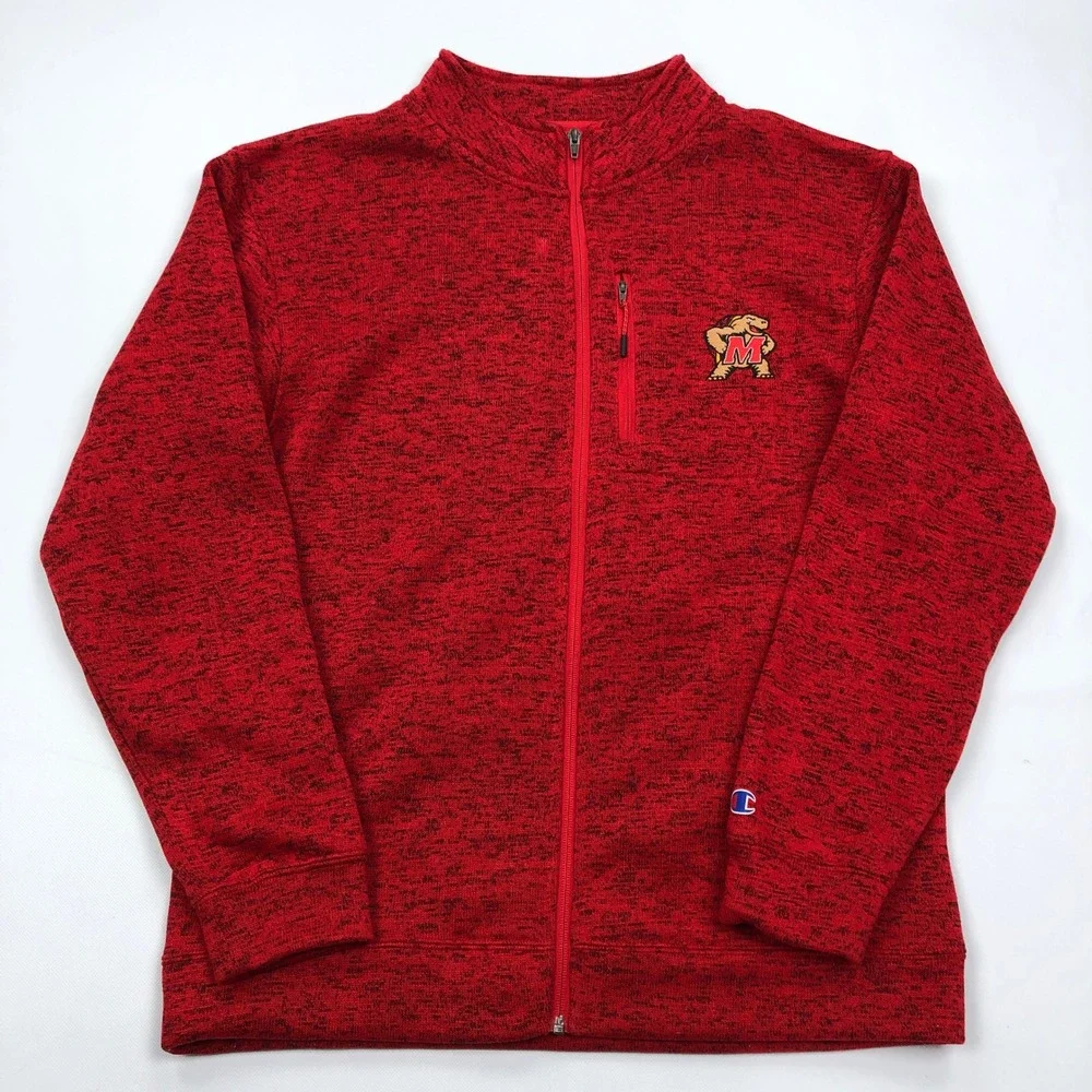 Champion Mens Maryland Terrapins Full Zip Fleece Jacket Red Heathered Large